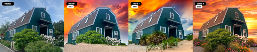 Examples of Adobe's generative AI image capabilities showing differences in results from Firefly 1 vs. Firefly 3 and Google Gemini 3. 