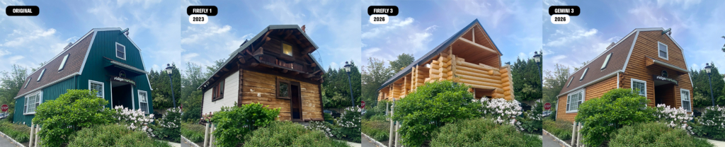 Examples of Adobe's generative AI image capabilities showing differences in results from Firefly 1 vs. Firefly 3 and Google Gemini 3. 