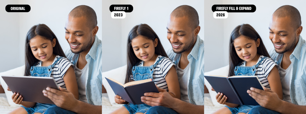 Examples of Adobe's generative AI image capabilities showing improvements to functionality used to replace objects in a photo. 