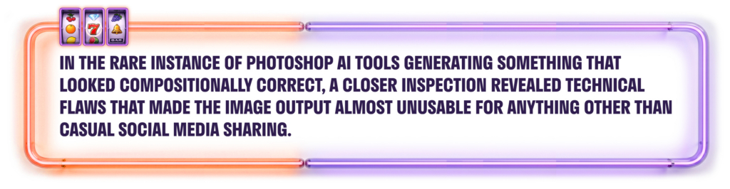 A pull quote about the technical flaws of AI image outputs in early versions of Adobe AI products.