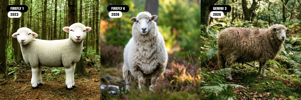 Examples of Adobe's generative AI image capabilities showing the progression of realistic lighting and fur on a sheep. 