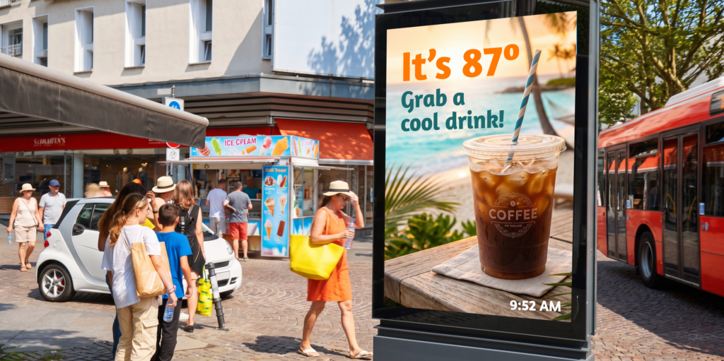 A digital OOH advertising kiosk in a historic city shopping area. The ad shows the current local temperature and time, alongside an image of an iced coffee drink. 
